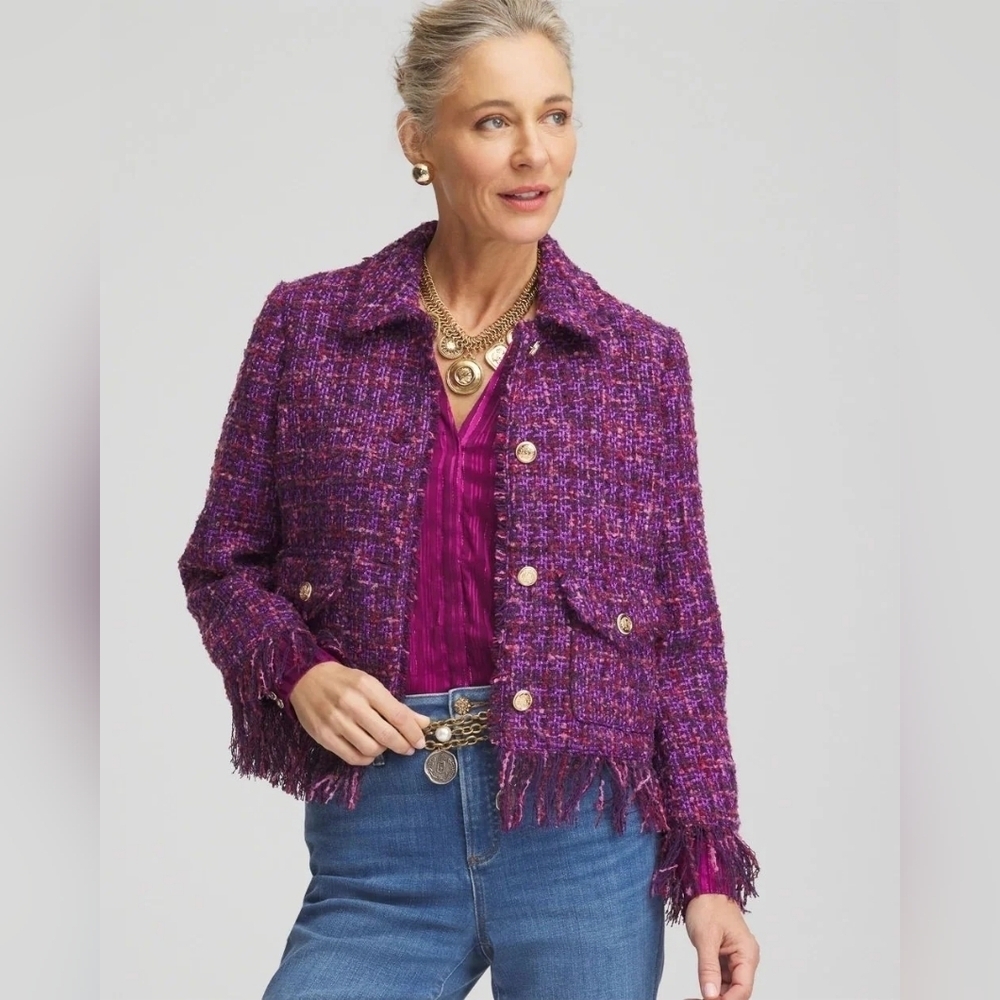 Chico's NWT Fringe Tweed Patch Pocket Jacket Purple 3/XL